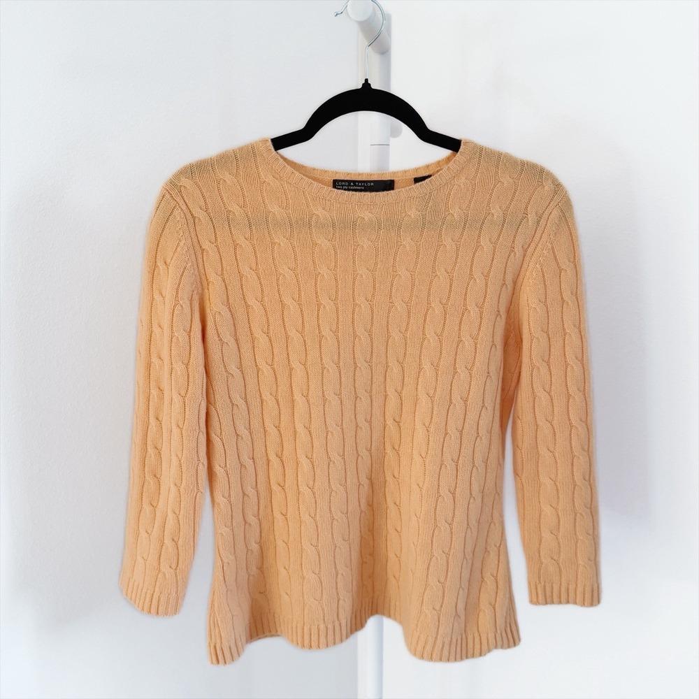 Vintage Lord & Taylor Two Ply 100% Cashmere Sweater Womens XL Orange Cable Knit